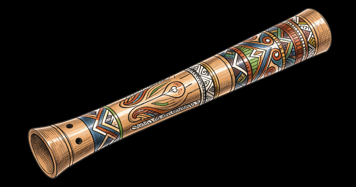 Didgeridoo traditionnel aborigène avec des peintures décoratives détaillées sur fond noir