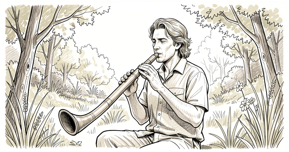 Joueur de didgeridoo utilisant la technique de respiration circulaire en pleine nature