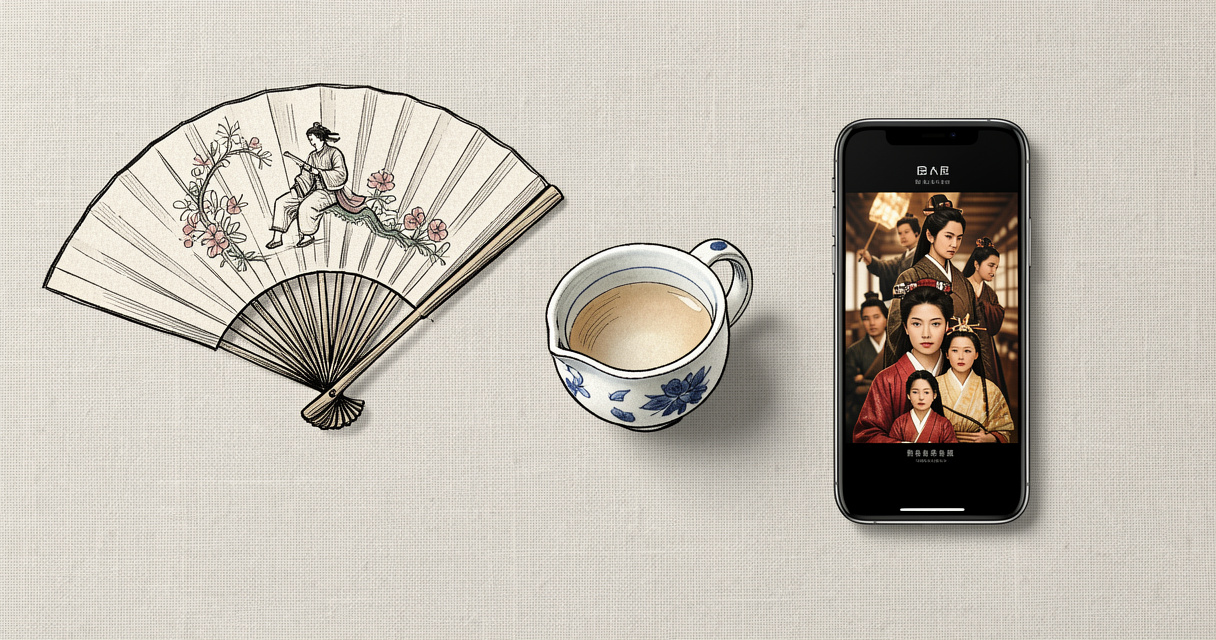 Objets culturels coréen, japonais et chinois évoquant l'univers des dramas asiatiques.