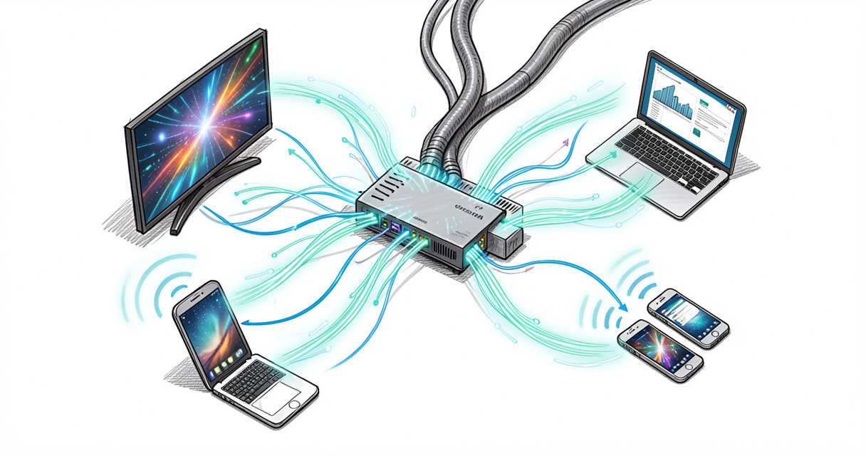 Débit internet fibre pour IPTV 4K : routeur connecté à une box TV et un smartphone