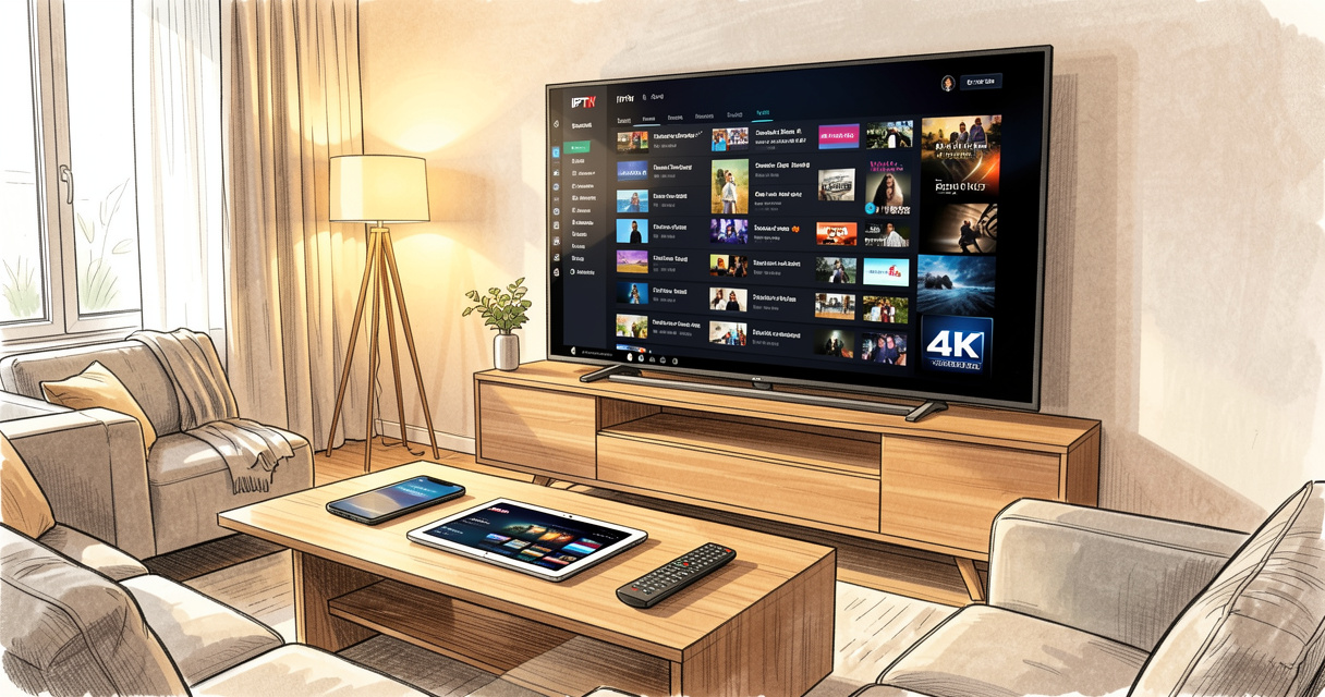 Abonnement IPTV 2026 : interface télévisée avec chaînes et contrôle à distance dans un salon moderne