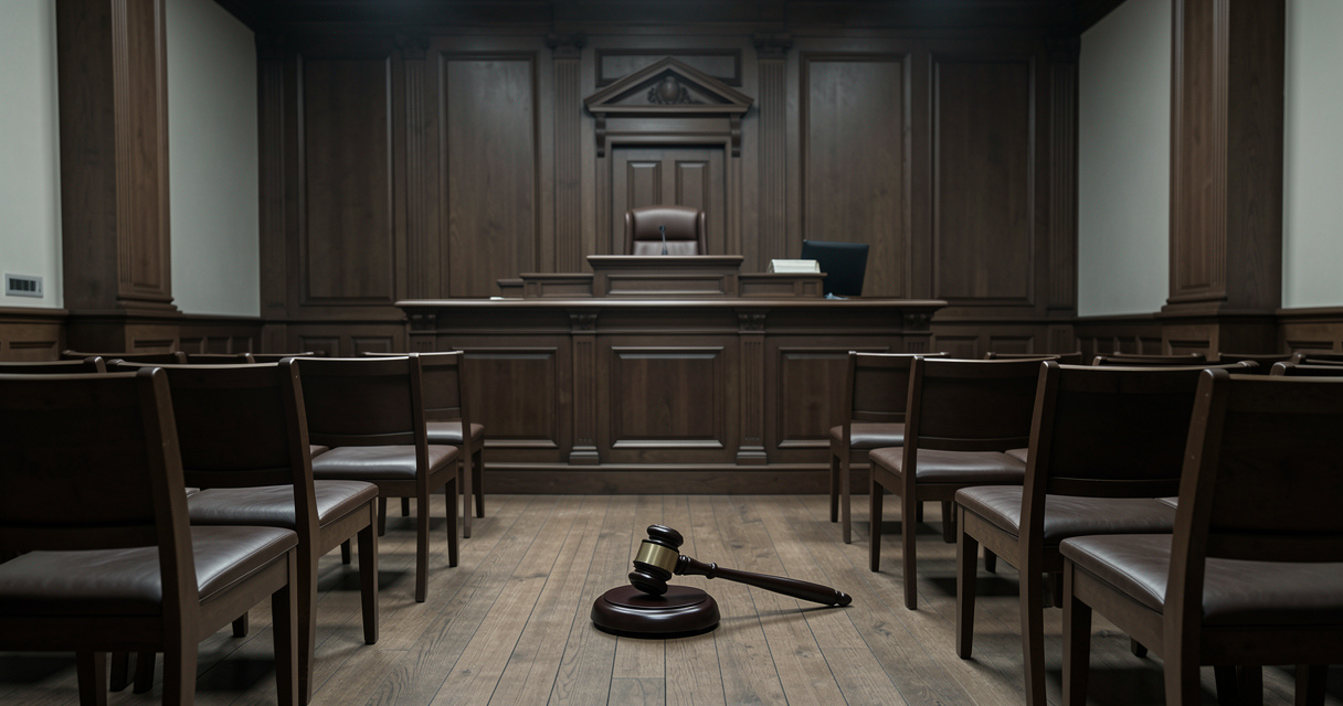 Tribunal vide avec marteau de juge abandonné, symbole de la justice brisée à Hong Kong