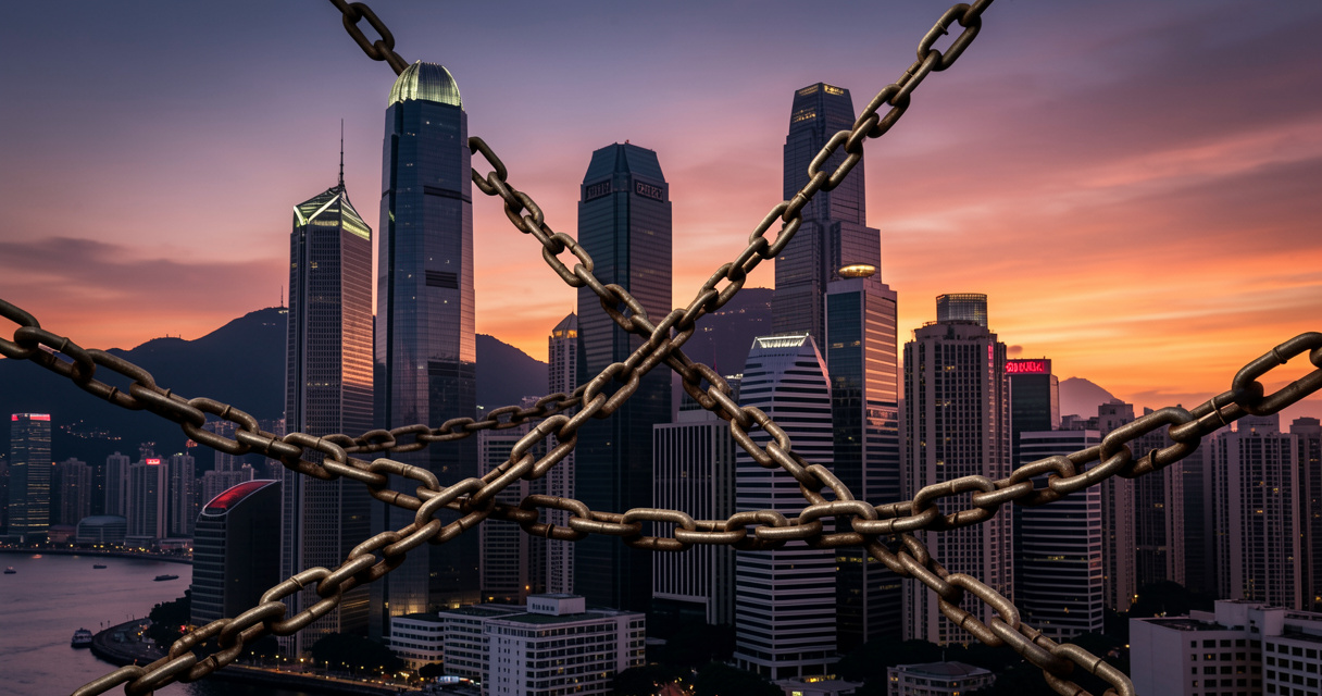 Chaîne enroulée autour des gratte-ciel de Hong Kong, illustrant la perte de liberté