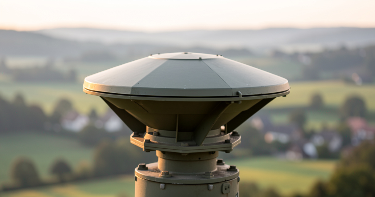 Radar militaire de détection de drones dans un paysage européen, technologie de surveillance aérienne