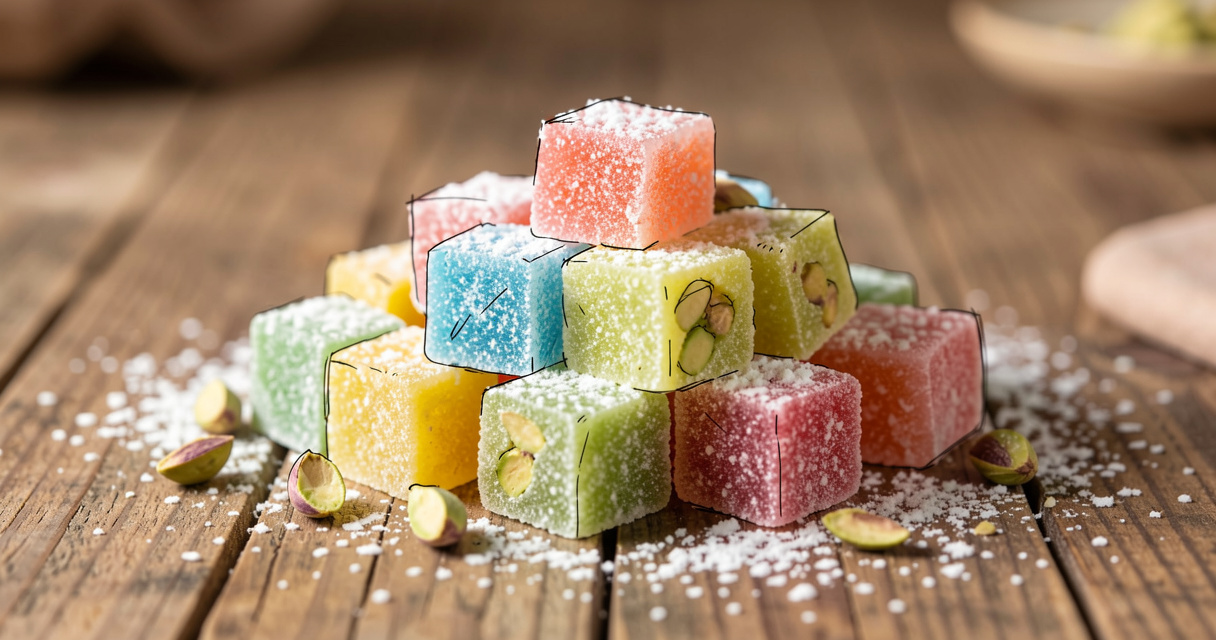 Assortiment de loukoums colorés saupoudrés de sucre glace sur une planche en bois