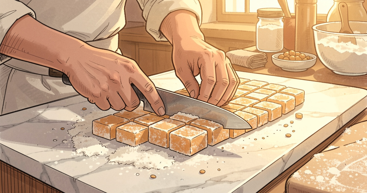 Préparation de loukoum maison découpé en carrés sur un plan de travail fariné