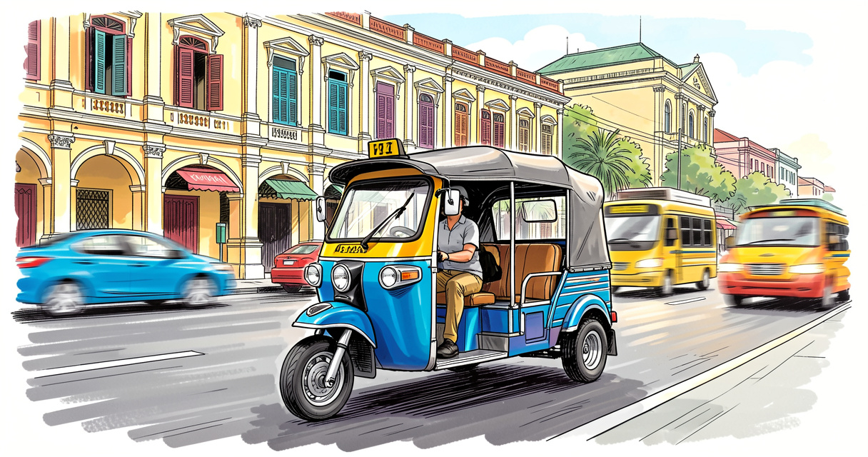 Tuk-tuk circulant dans une rue de Phnom Penh avec des bâtiments coloniaux en arrière-plan