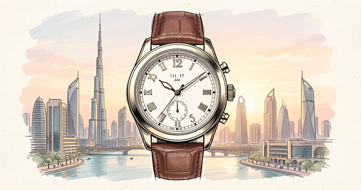 Horloge indiquant l'heure actuelle à Dubaï avec la skyline de la ville en arrière-plan