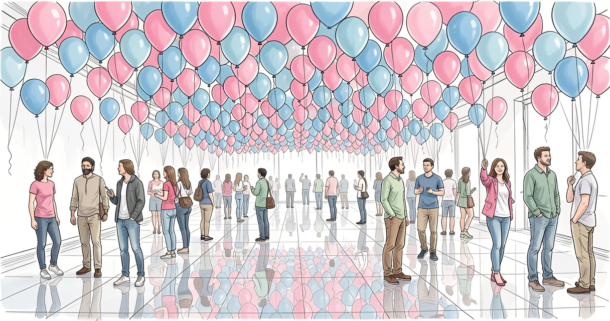Océan de ballons suspendus dans une salle immersive rose et bleue de Bubble Planet à La Villette