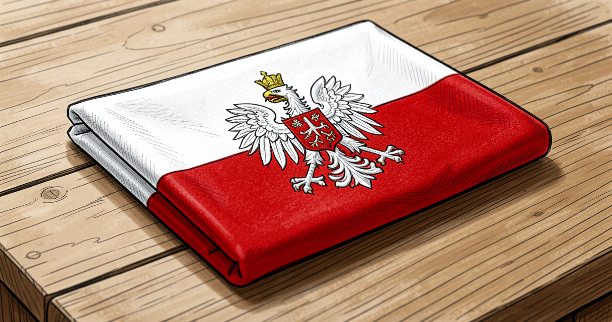 Drapeau de la Pologne avec l'aigle blanc couronné, plié sur une table en bois