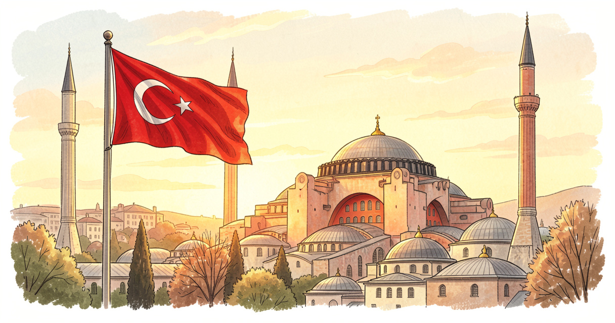 Drapeau de la Turquie devant Sainte-Sophie à Istanbul, symboles nationaux turcs.