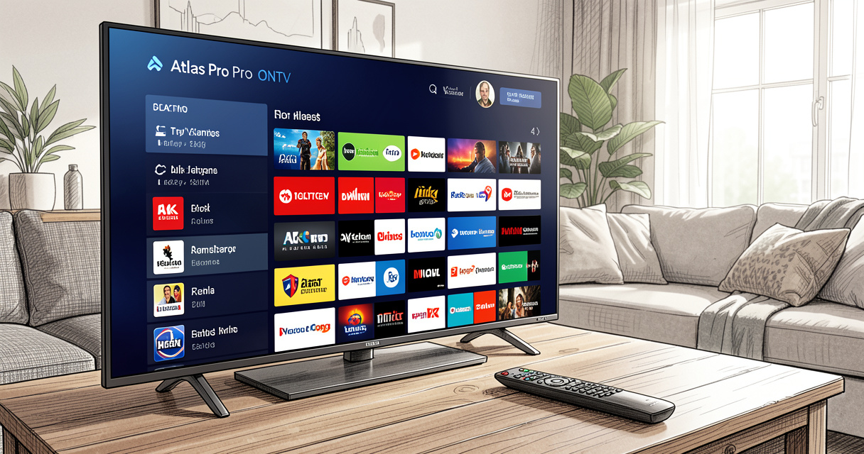 Interface Atlas Pro ONTV sur une télévision connectée affichant des chaînes 4K en direct
