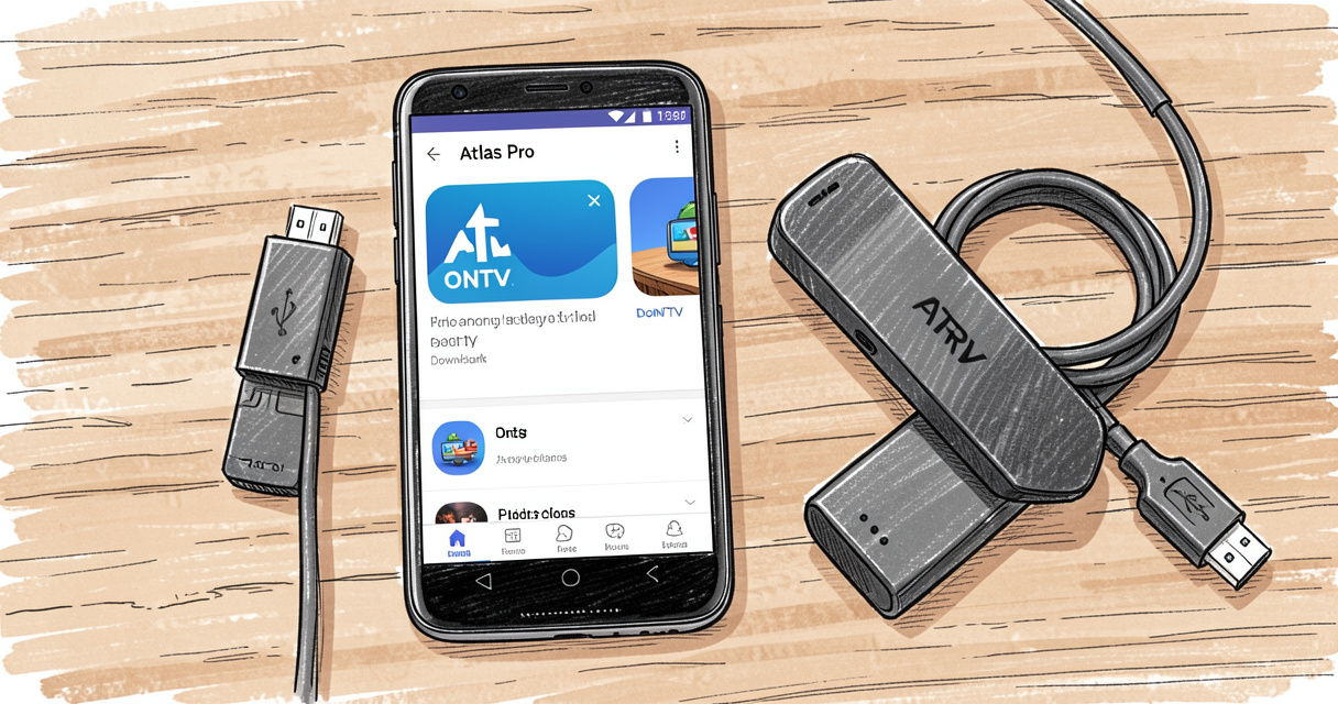 Installation de l'application Atlas Pro ONTV sur smartphone Android avec Fire TV Stick à côté