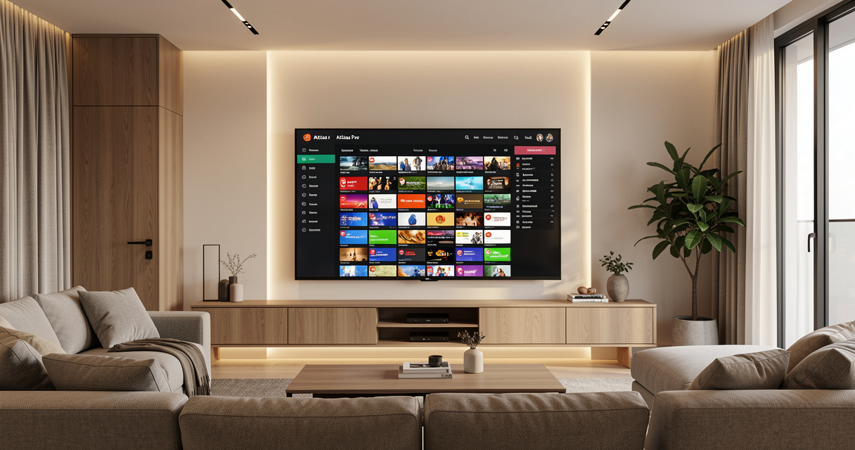 Interface de l'application Atlas Pro ONTV sur une Smart TV affichant la grille des chaînes et le programme EPG