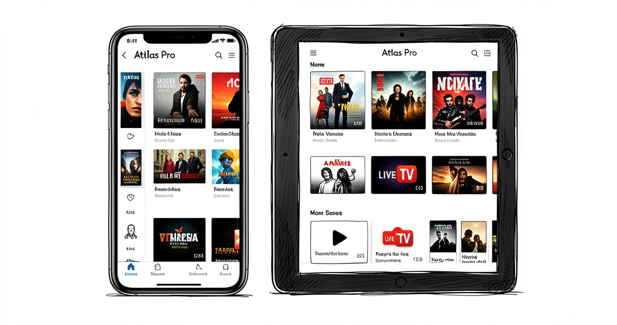Application Atlas Pro ONTV ouverte sur un smartphone et une tablette, montrant les catégories de films et la télévision 