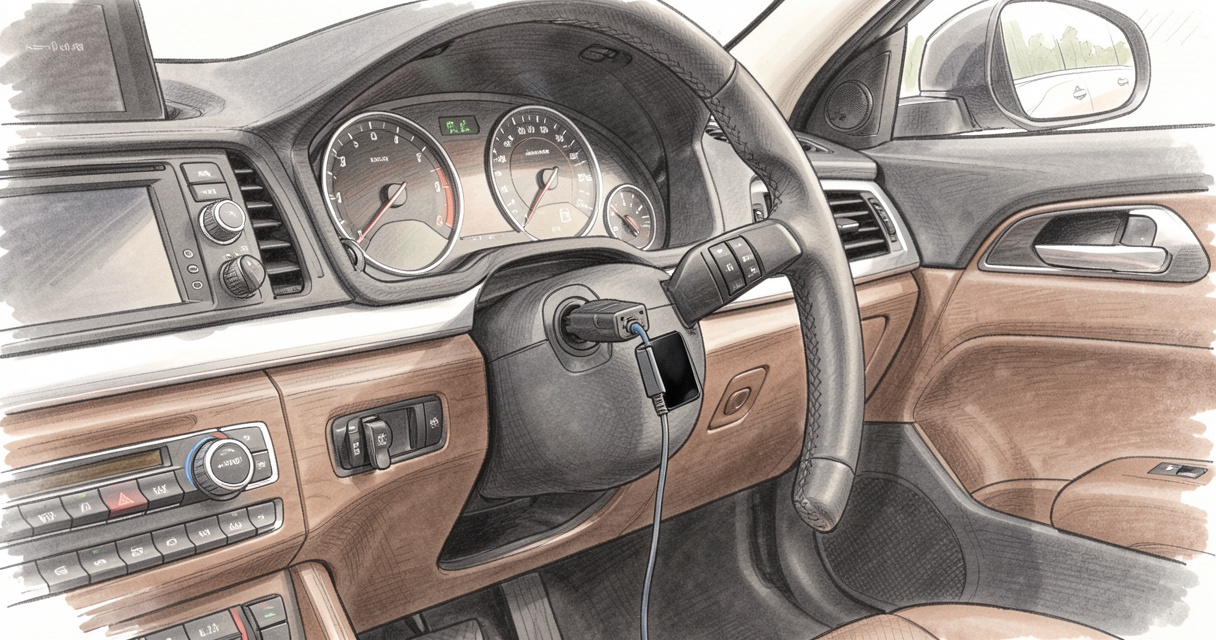 Traceur GPS OBD branché sur le port diagnostic d'une voiture, vue du tableau de bord