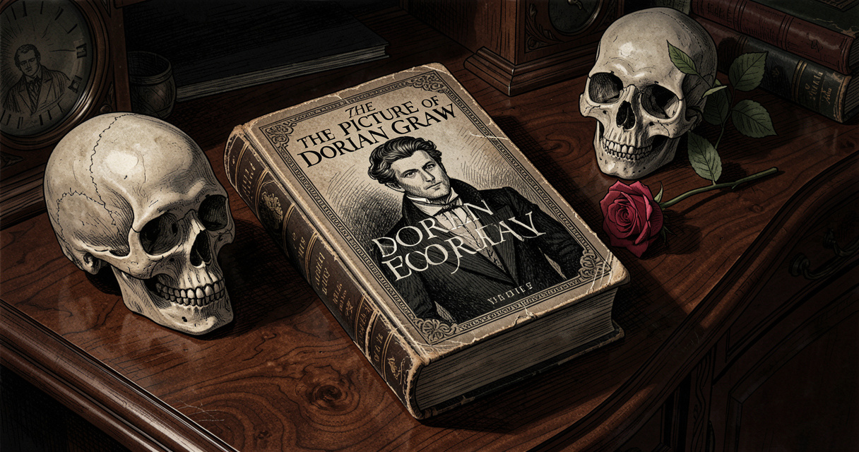 Livre ancien du Portrait de Dorian Gray posé sur un bureau avec une rose