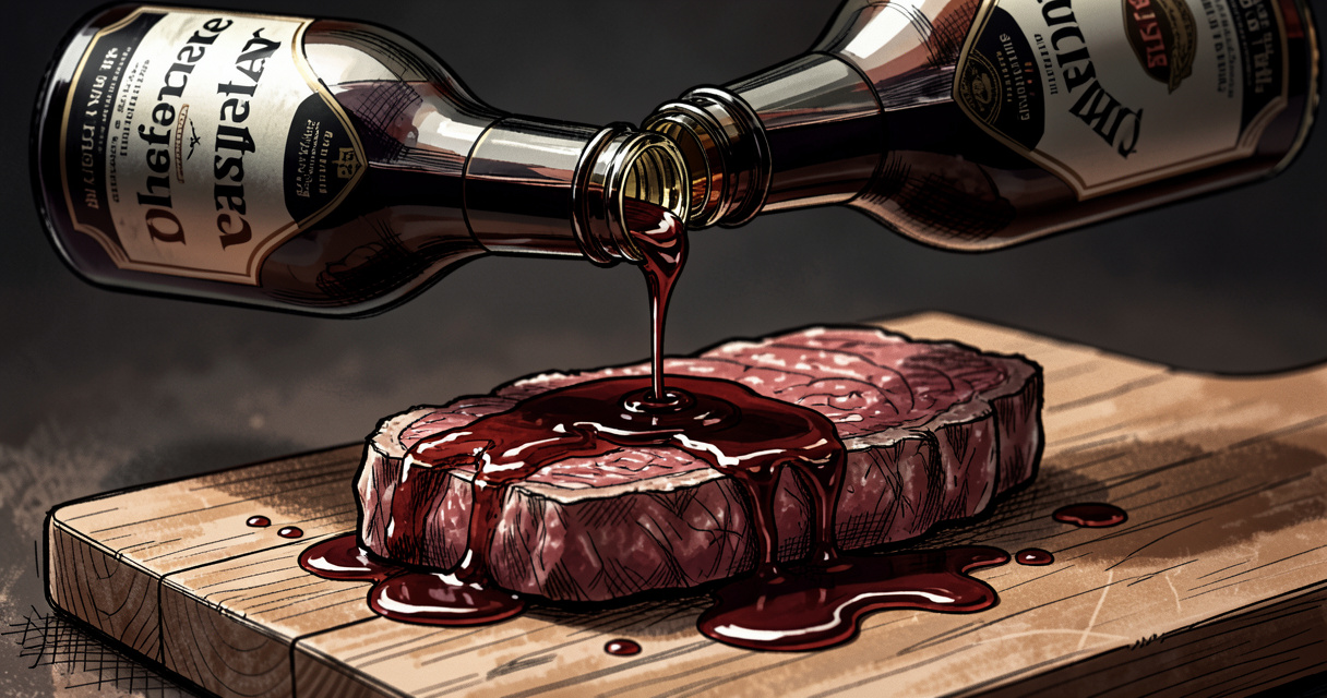 Bouteille de sauce Worcestershire versée sur un steak cru pour une marinade
