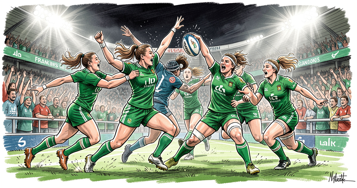 Joueuses irlandaises célébrant un essai contre l'Espagne lors de la Coupe du monde féminine de rugby