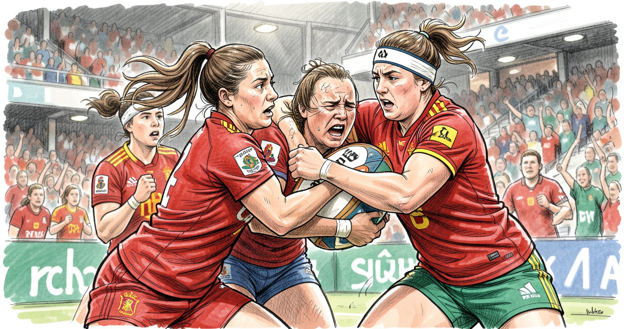 Mêlée ouverte entre l'Irlande et l'Espagne dans un match de rugby féminin intense