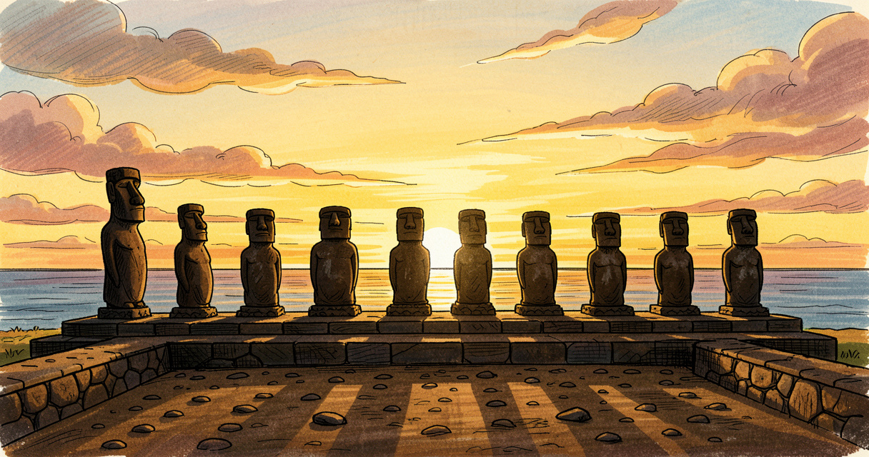 Ahu Tongariki au lever du soleil, quinze statues moai alignées sur le rivage de l'île de Pâques