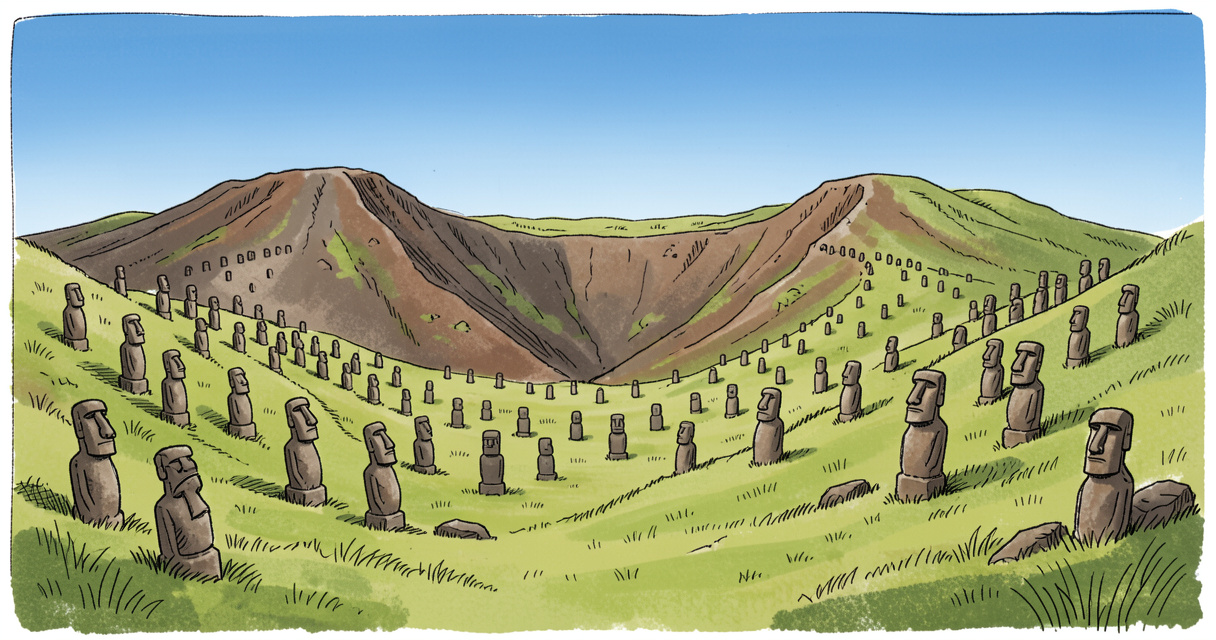 Cratère du volcan Rano Raraku avec des statues moai inachevées sur ses pentes, île de Pâques