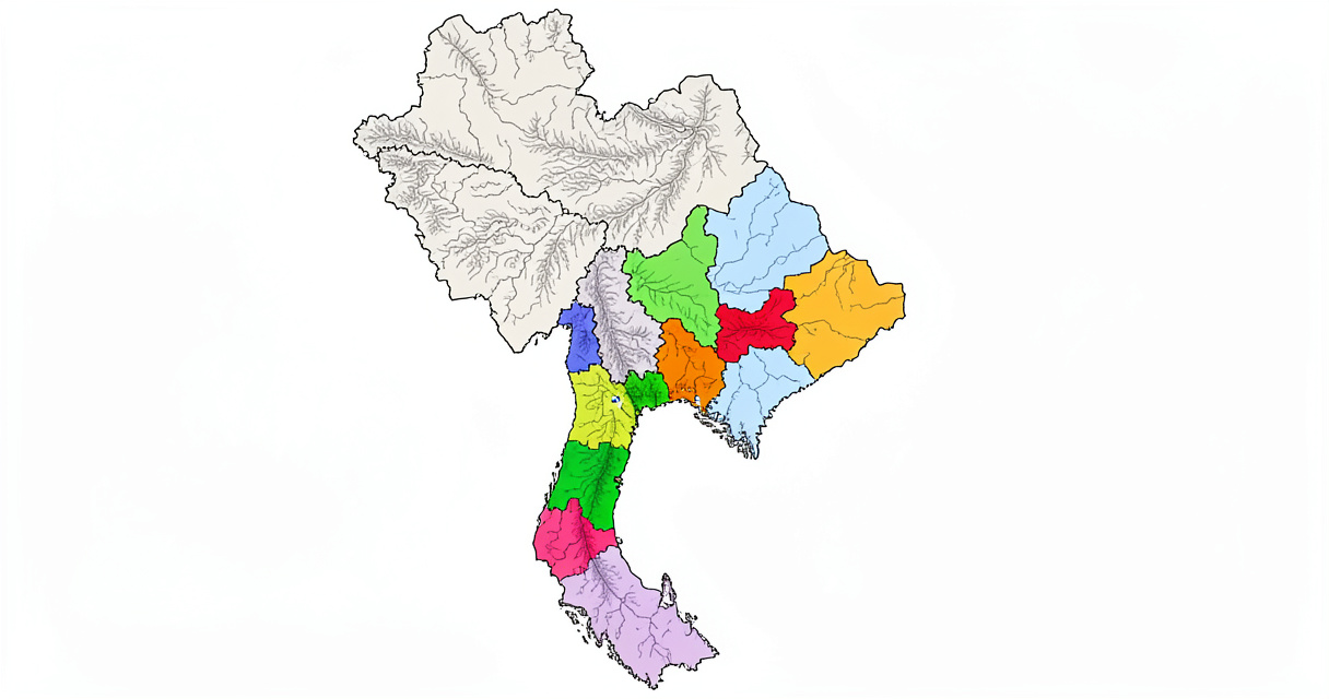 Carte de la Thaïlande avec les six régions mises en évidence : Nord, Centre, Est, Ouest, Sud et Nord-Est.