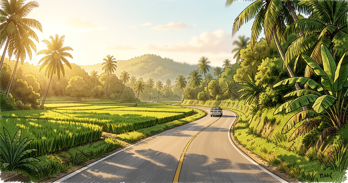 Route panoramique en Thaïlande traversant la campagne, idéale pour un road trip.