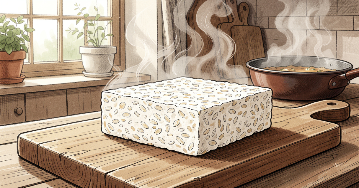 Bloc de tempeh frais posé sur une planche à découper en bois
