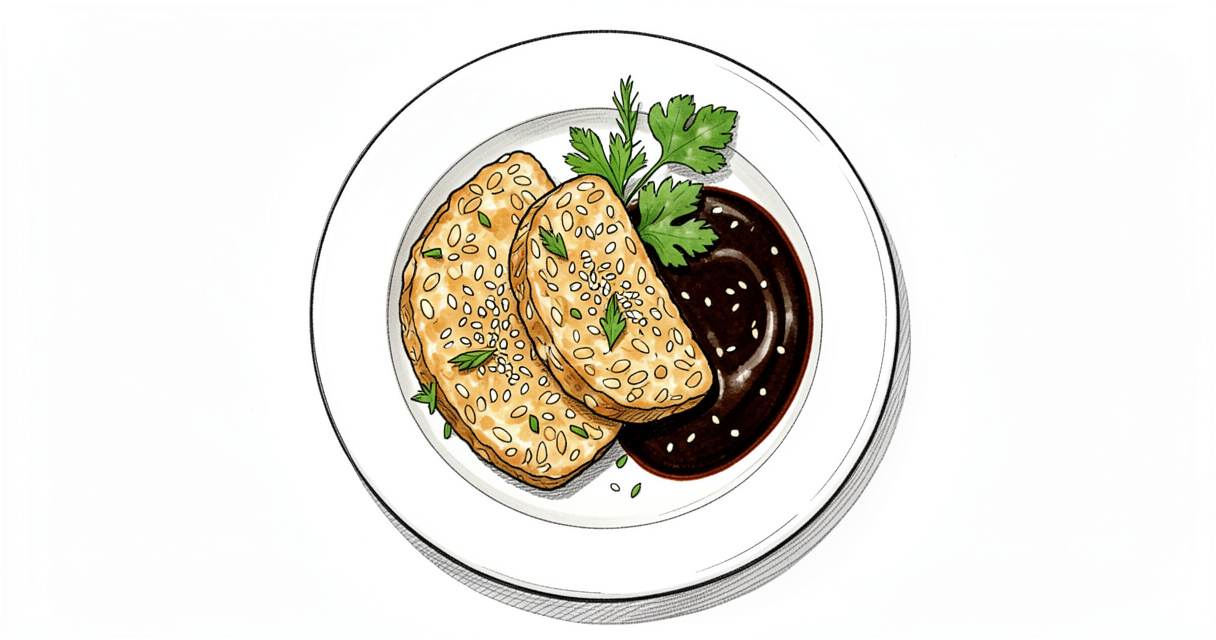 Tranches de tempeh cuit doré servi avec sauce soja et graines de sésame
