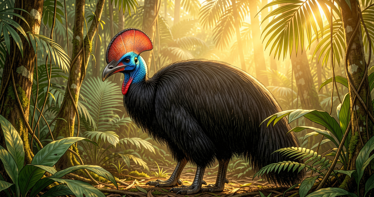 Casoar à casque dans la forêt tropicale, tête colorée et casque proéminent
