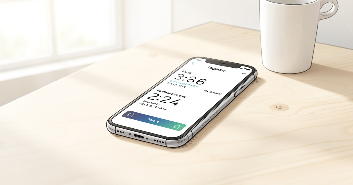 Application horloge mondiale affichant l'heure de Singapour et Paris sur un téléphone, bureau moderne