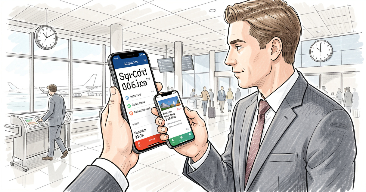 Voyageur vérifiant l'heure à Singapour sur son smartphone à l'aéroport, concept de décalage horaire
