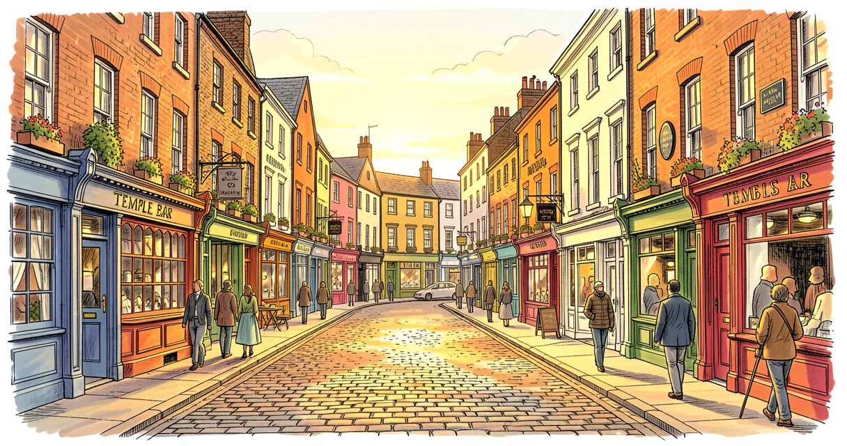 Rue pavée animée de Temple Bar à Dublin avec pubs colorés et enseignes, quartier emblématique de la capitale irlandaise