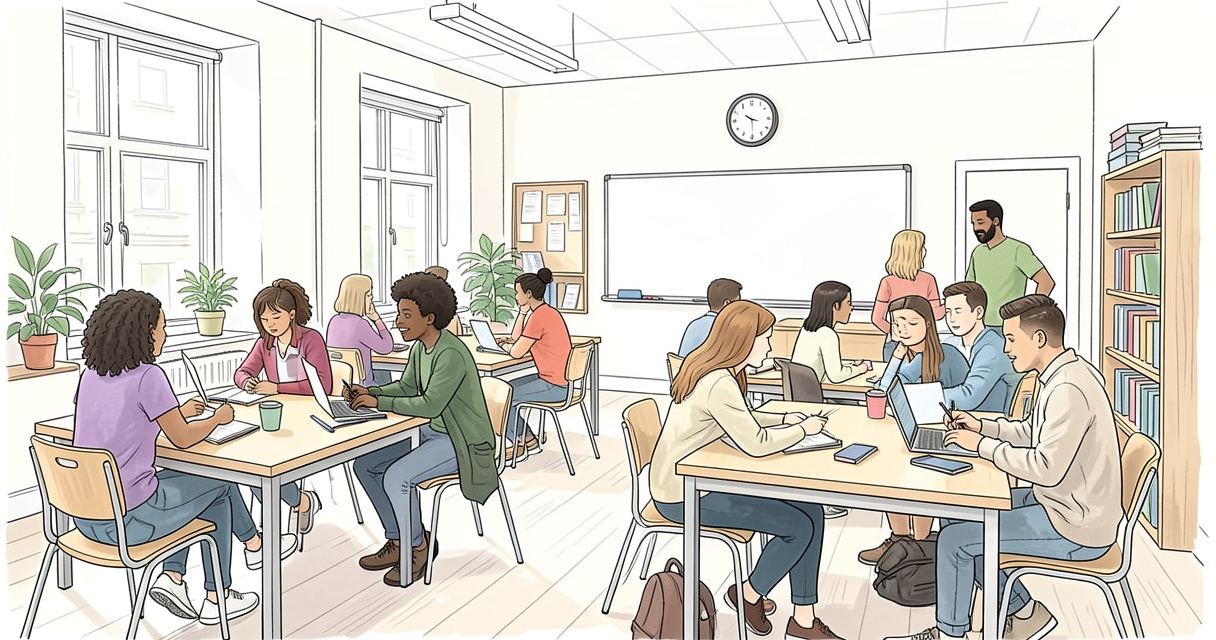 Salle de classe moderne pour apprendre l'anglais à Dublin avec des étudiants internationaux en interaction