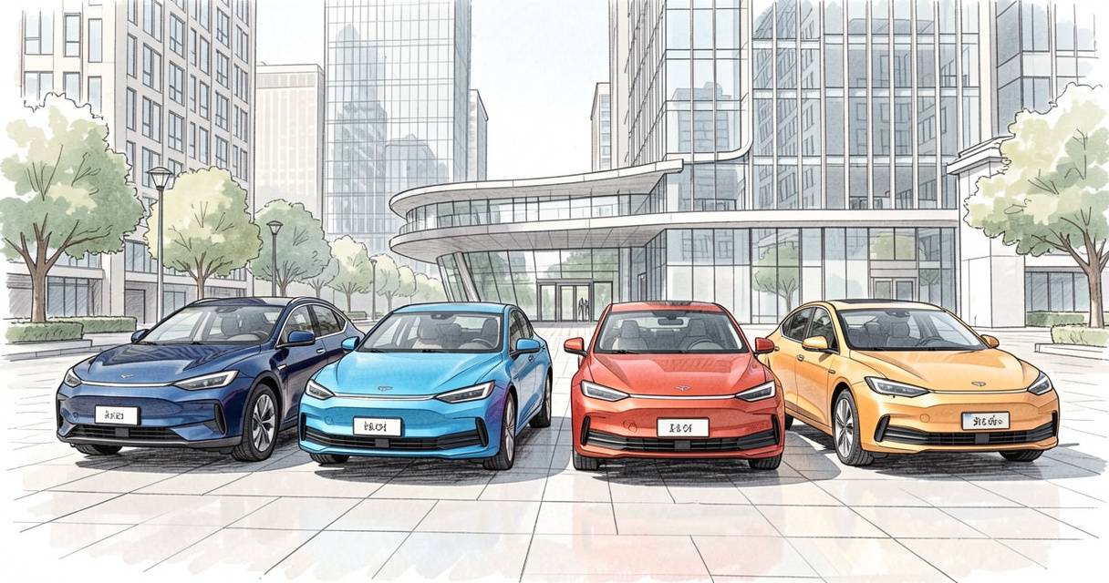 Quatre voitures électriques chinoises alignées : BYD, MG, Xpeng et Leapmotor dans une place de ville