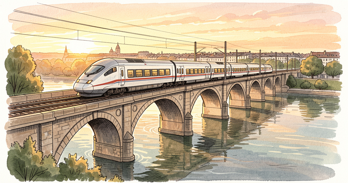 TGV à grande vitesse traversant un pont vers Madrid au coucher du soleil