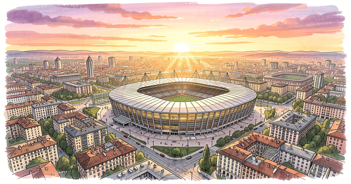 Vue aérienne du stade San Siro à Milan illuminé au coucher du soleil