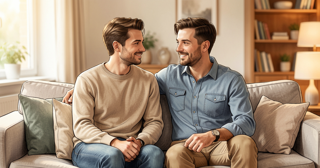 Couple français moderne discutant dans un salon cosy, illustration de la vie sexuelle en France