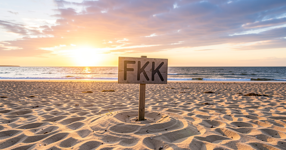 Panneau FKK sur une plage de la mer Baltique au lever du soleil, symbolisant la nudité en plein air