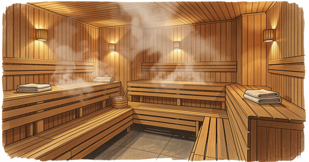Intérieur d'un sauna allemand traditionnel avec bancs en bois et lumière tamisée, ambiance relaxante