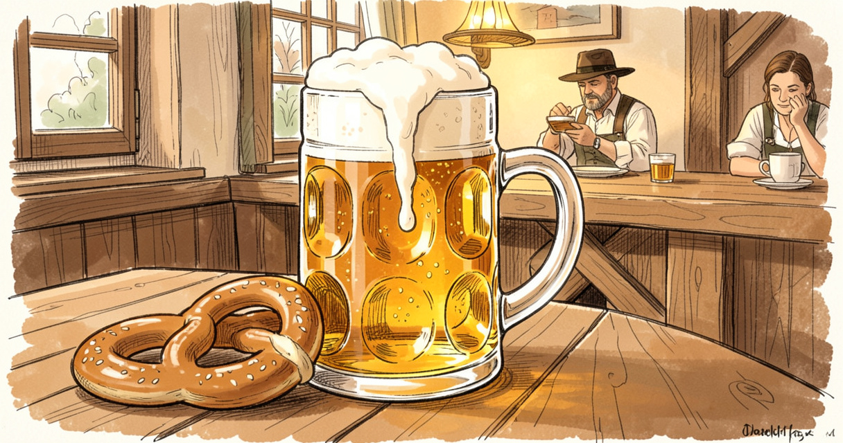 Chope de bière Oktoberfest et bretzel traditionnel sur table en bois, ambiance bavaroise