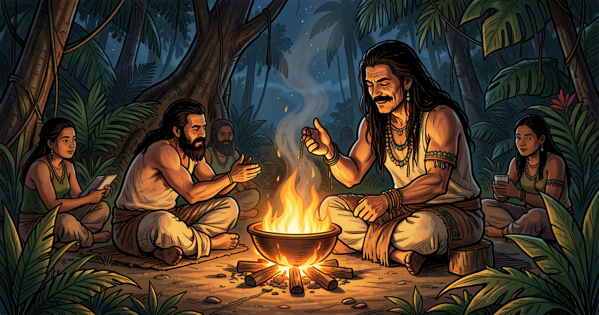 Chamane amazonien préparant l'ayahuasca lors d'une cérémonie traditionnelle de nuit