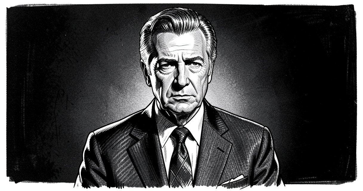 Portrait de Leslie Nielsen en costume, regard sérieux, années 1980