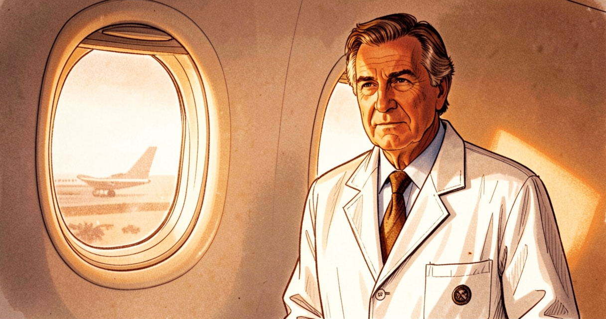 Leslie Nielsen dans le film Airplane! en blouse blanche, cabine d'avion