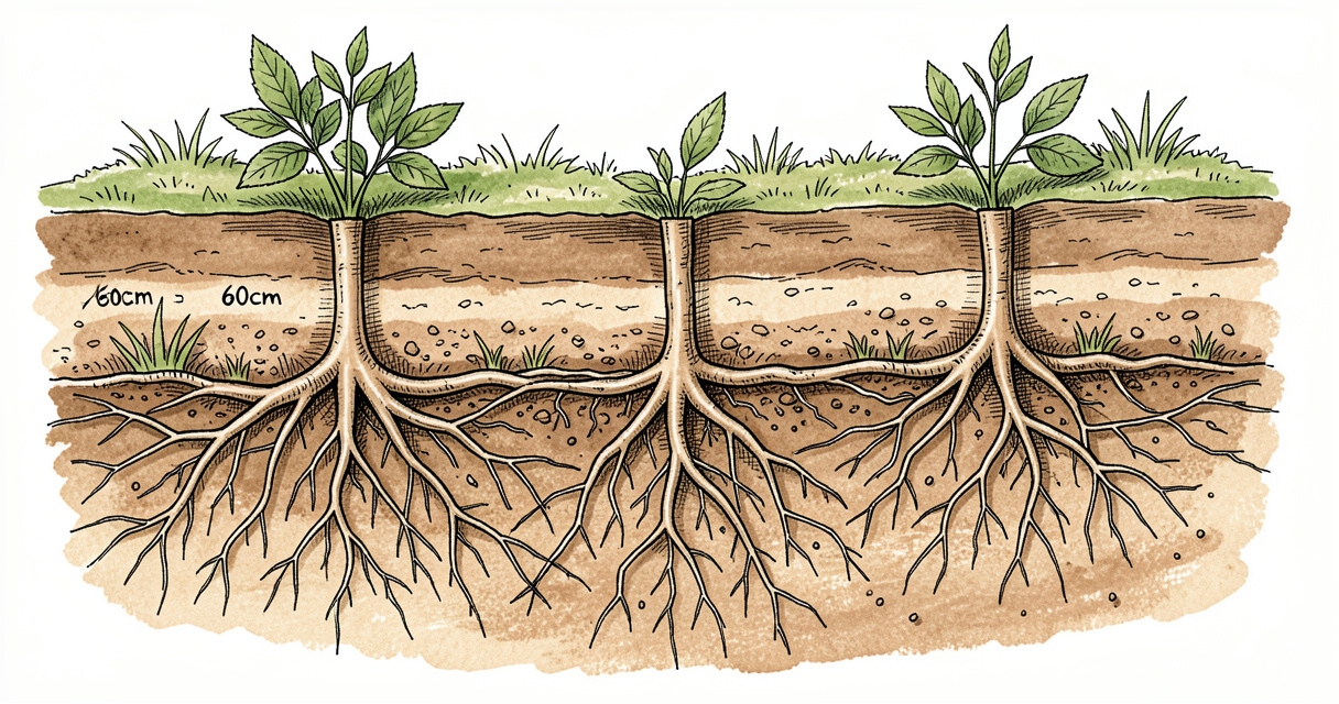 Illustration en coupe du système racinaire du lilas des Indes montrant la profondeur de 60 cm et les deux niveaux de rac