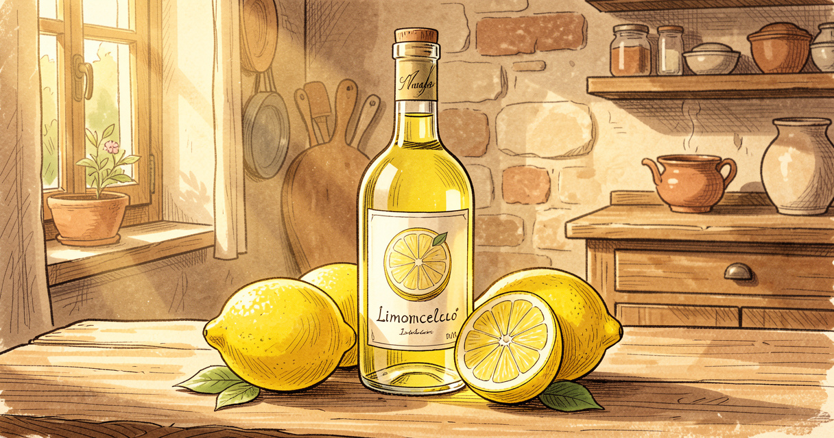 Bouteille artisanale de limoncello maison avec citrons frais sur table rustique en bois