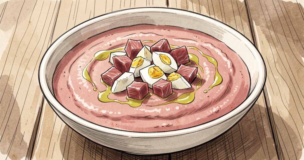 Bol de salmorejo traditionnel garni de jambon ibérique et d'œuf dur