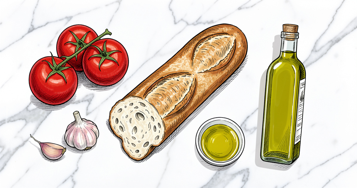 Ingrédients frais pour préparer un salmorejo : tomates, pain, ail, huile d'olive