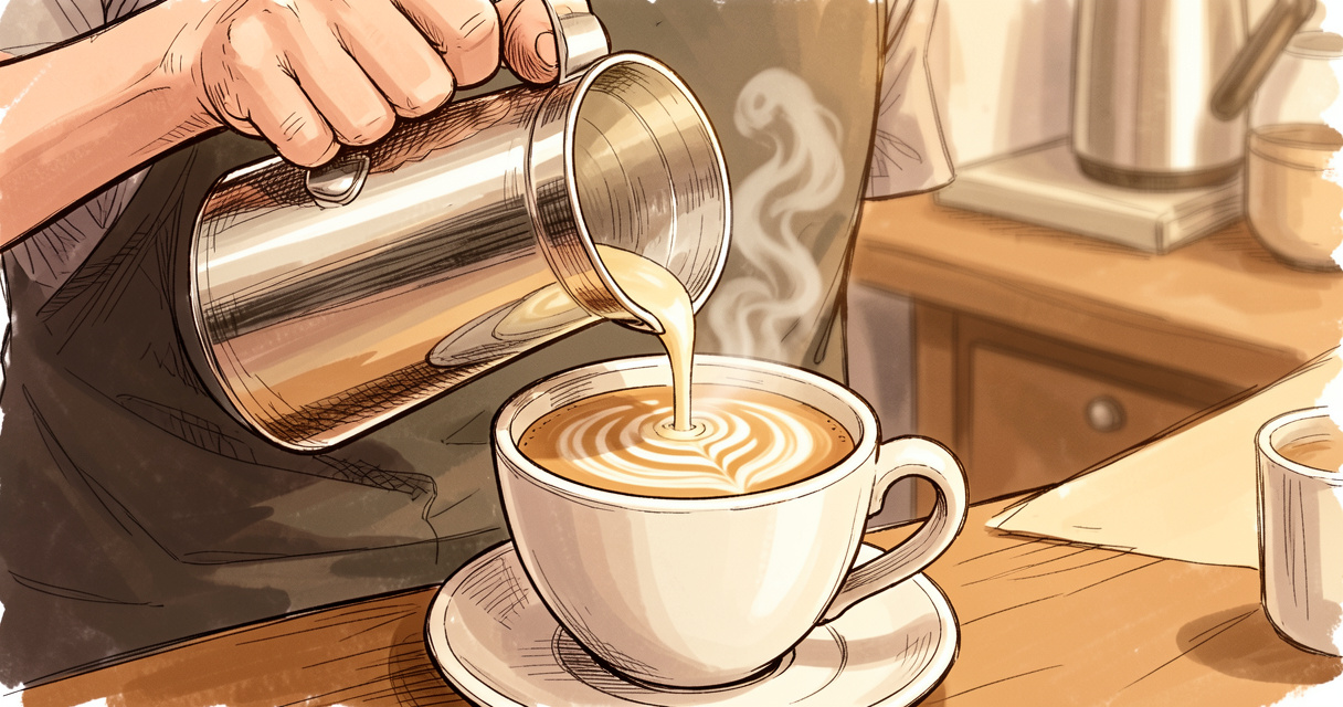Barista versant la mousse de lait pour un latte art dans une tasse